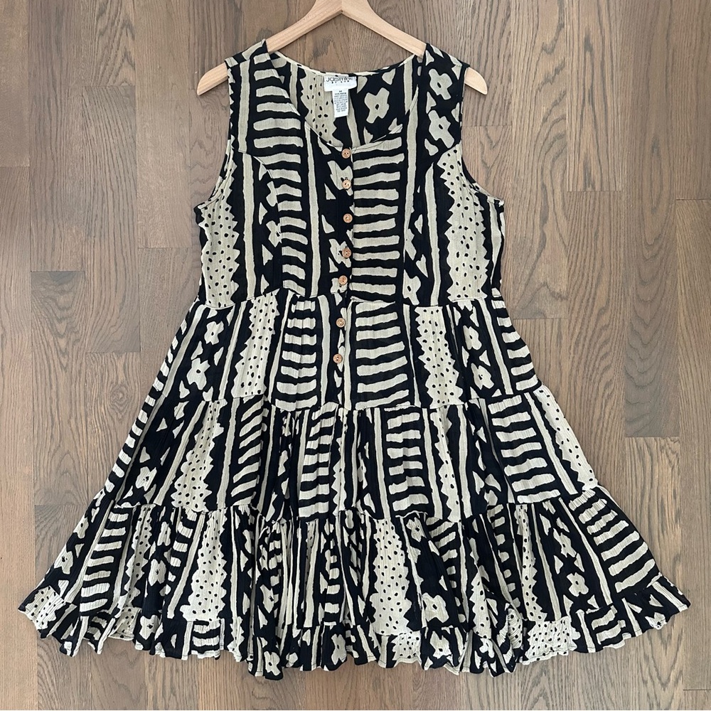 Vintage 90s Grunge Abstract Mudcloth Print Tiered Babydoll Gauze Dress Black M